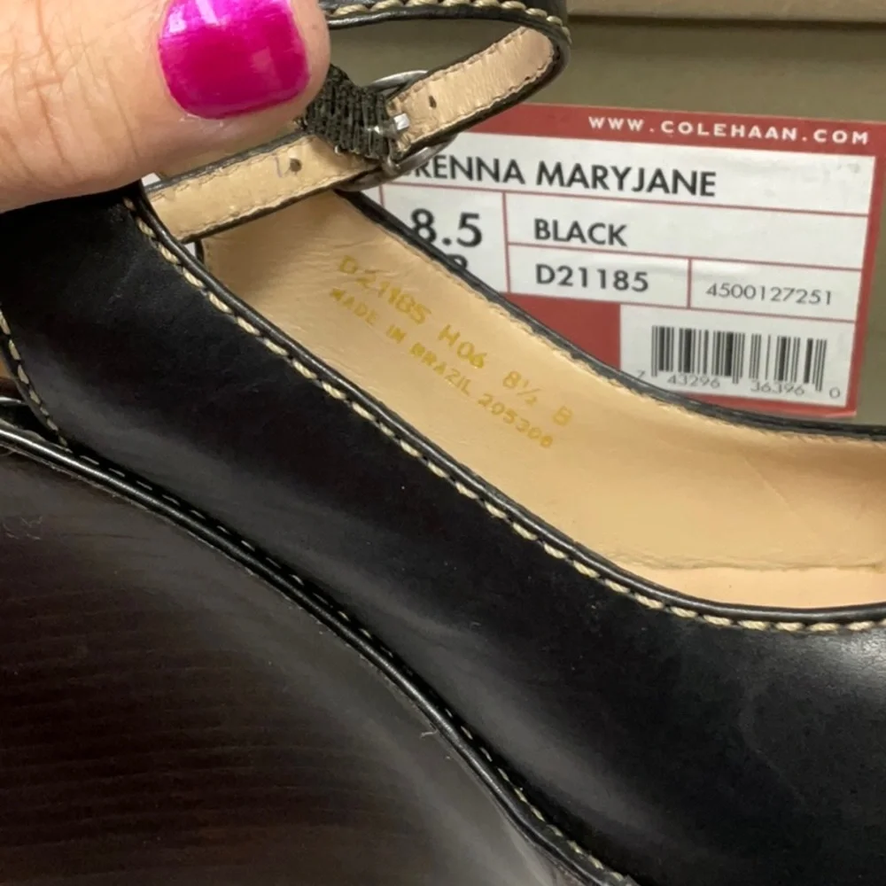 Cole Haan Black Leather Platform Mary Jane Wedge Slingbacks